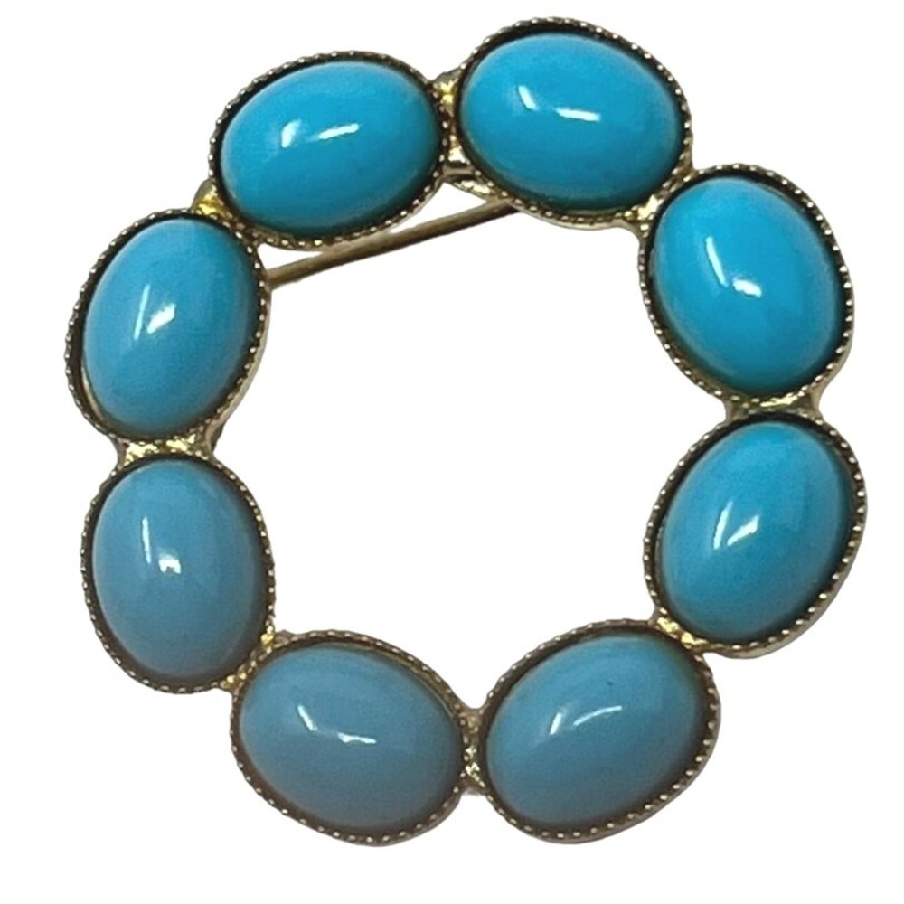 Vintage Brooch Round with Faux Turquoise Cabochon Stones Gold Tone Finish